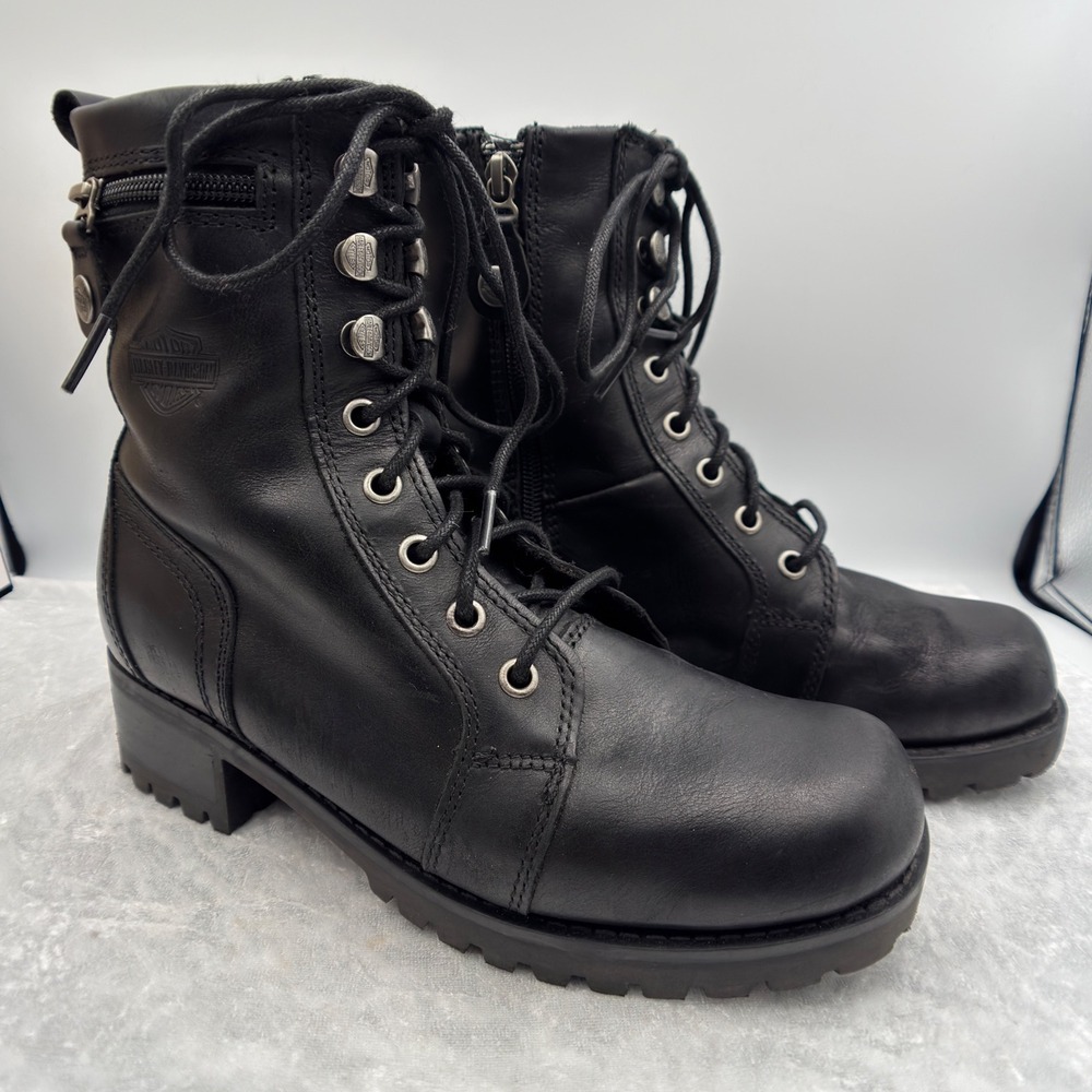 Harley Davidson Keeler Motorcycle Black Leather Zip Ankle Boots Womens Size 7.5‎